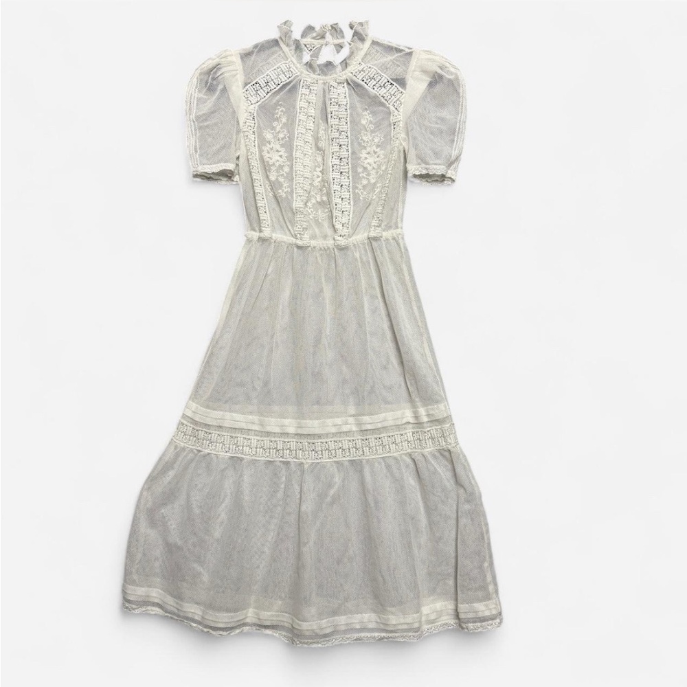White Coquette Lace Prairie Midi Dress Sz 4 Vintage Regency Style Dainty Elegant